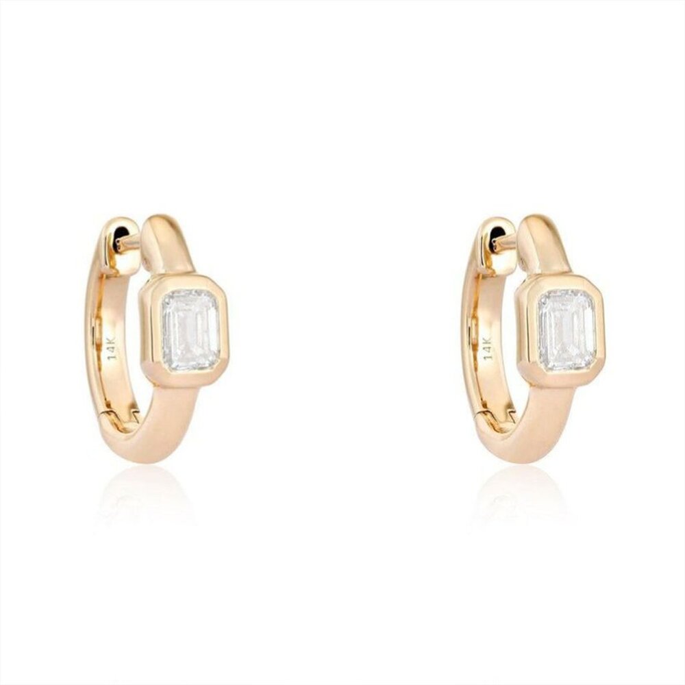 Bezel Emerald Diamond 14K (or 18k upon request) Yellow Gold Mini Hoops Earrings